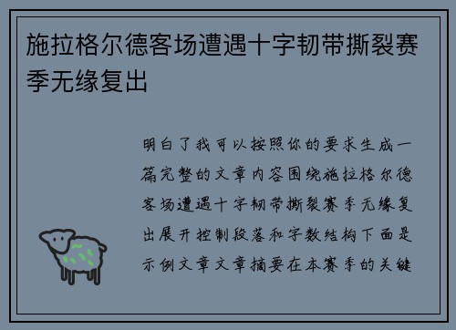 施拉格尔德客场遭遇十字韧带撕裂赛季无缘复出
